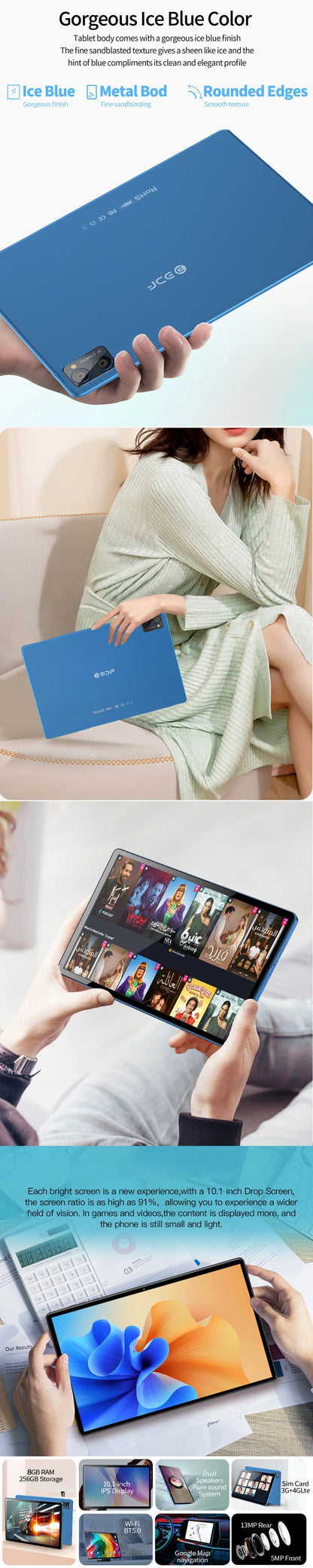 Tablet Android 10.1 Pollici Octa Core 8 GB RAM 256 GB ROM Android 13 Google Play 4G 5G WiFi Doppia Fotocamera 8000 mAh