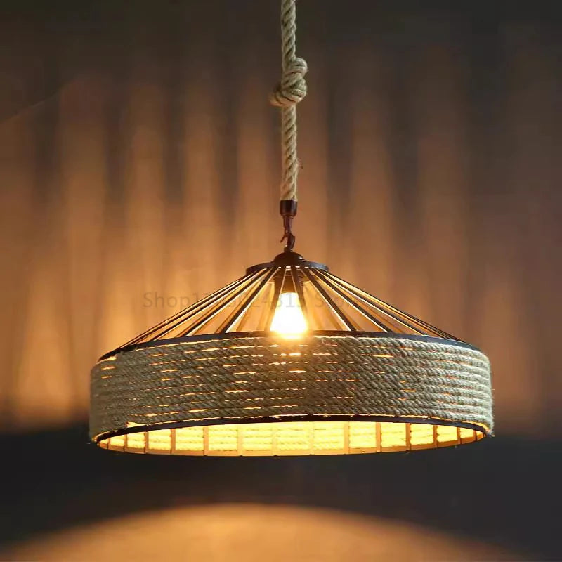Lampada a Sospensione in Corda di Canapa, Ferro Industriale Retrò, Stile Classico per Sala da Pranzo