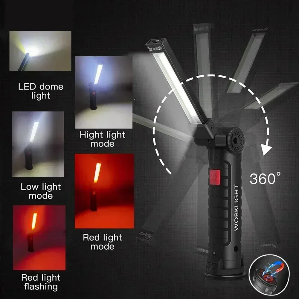 Lampada Da Lavoro Portatile Led Cob Ricaricabile Usb Con Gancio Magnetico E Power Bank