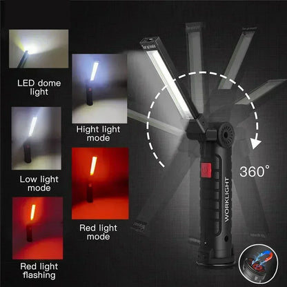 Lampada Da Lavoro Portatile Led Cob Ricaricabile Usb Con Gancio Magnetico E Power Bank