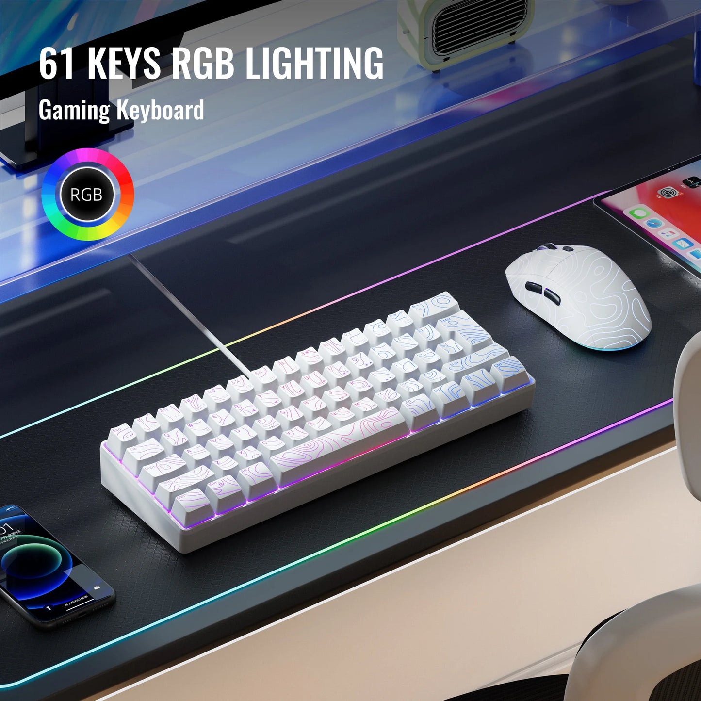 Tastiera Compatta Cablata 60 Percento Con Retroilluminazione Rgb Interruttori a Membrana Per Pc Tablet Laptop Bianco