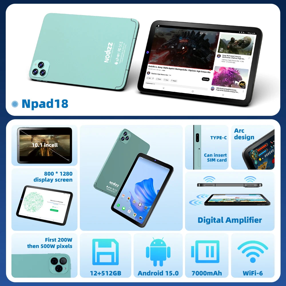 Tablet 10,1 Pollici 4G Con Chiamate RAM 12GB Memoria Interna 512GB Dual SIM Android 14 Batteria 6000mAh
