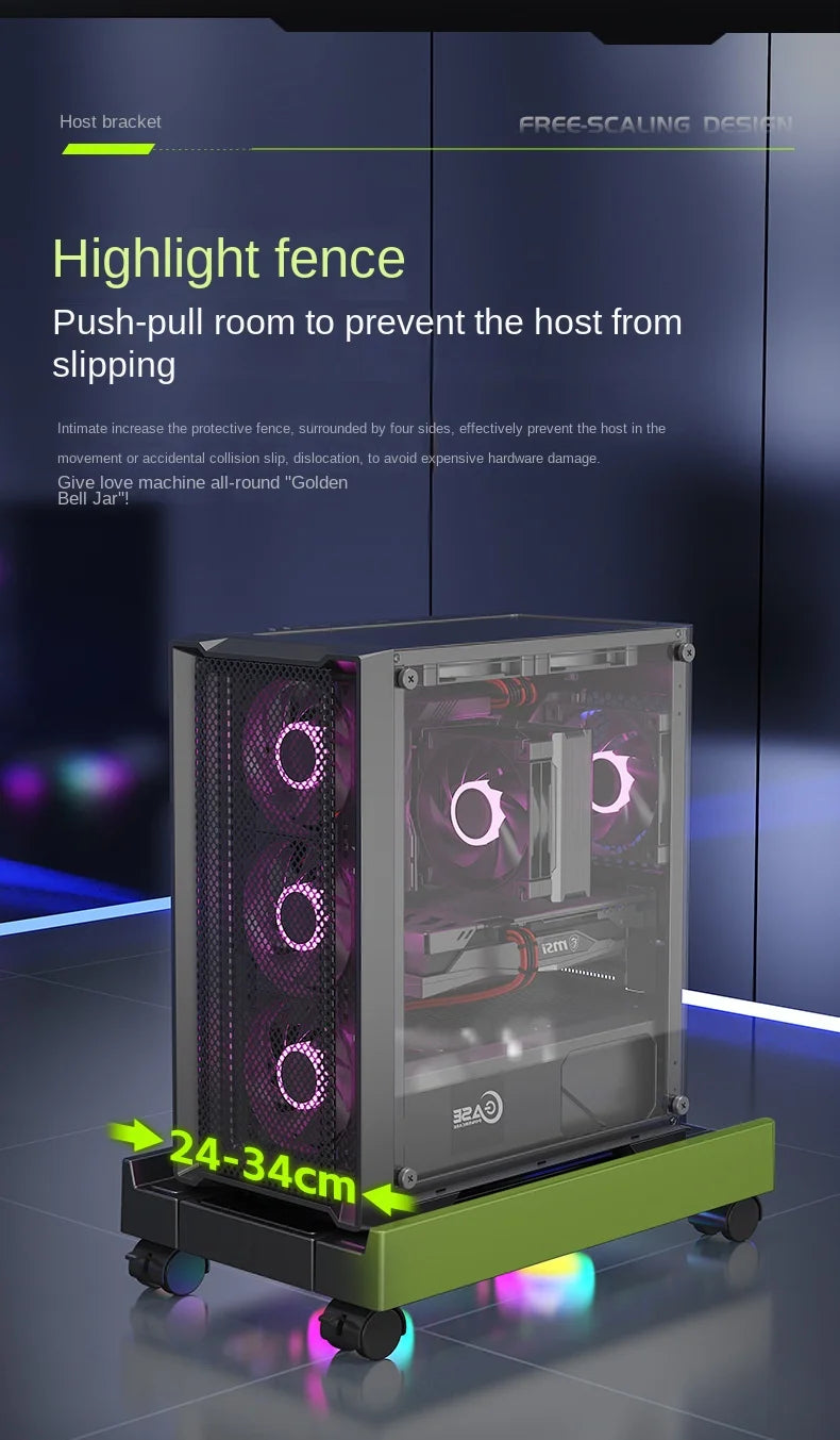 Supporto per torre per PC mobile Supporto per CPU per computer regolabile Supporto da tavolo telescopico Carrello per CPU con ventola di raffreddamento RGB Dissipazione del calore