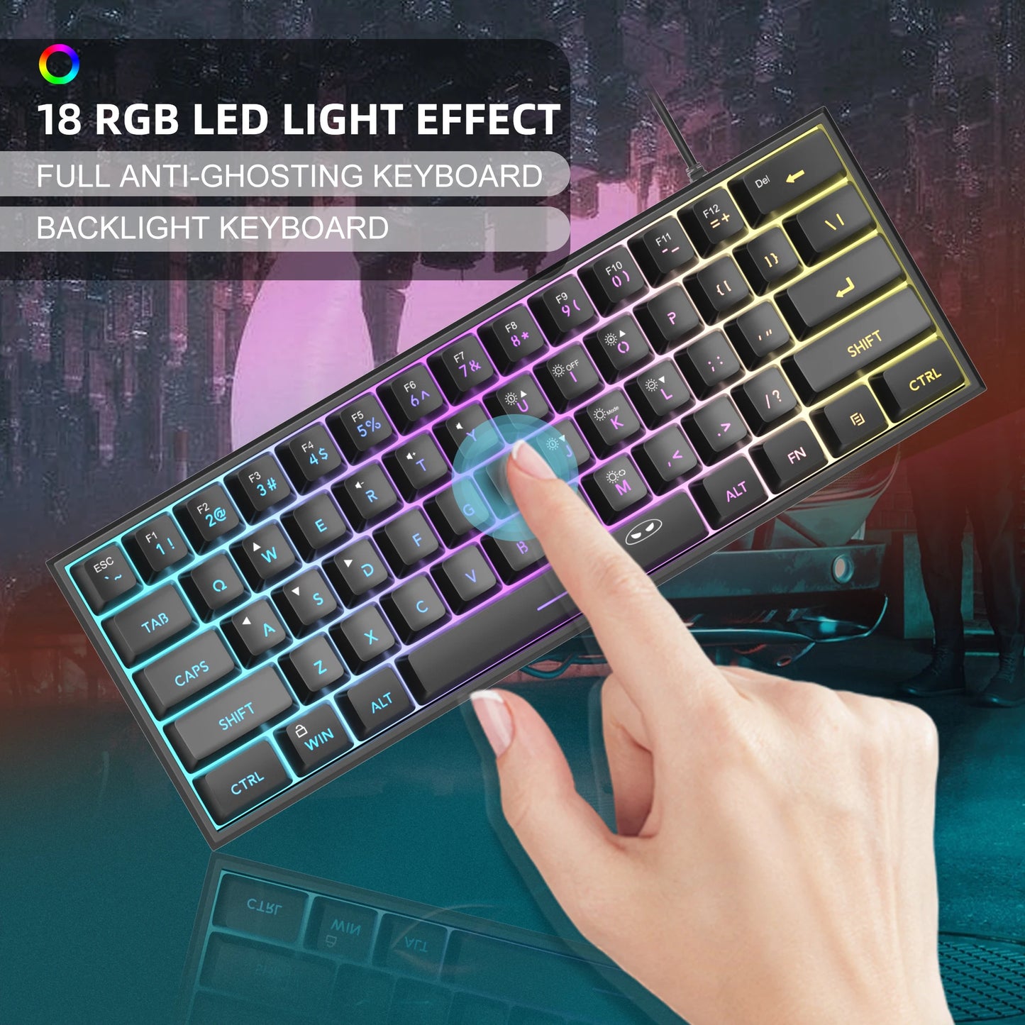 Tastiera Da Gioco MageGee Mini 60 Per Cento Con 61 Tasti Retroilluminata Rgb Ergonomica Impermeabile TS91