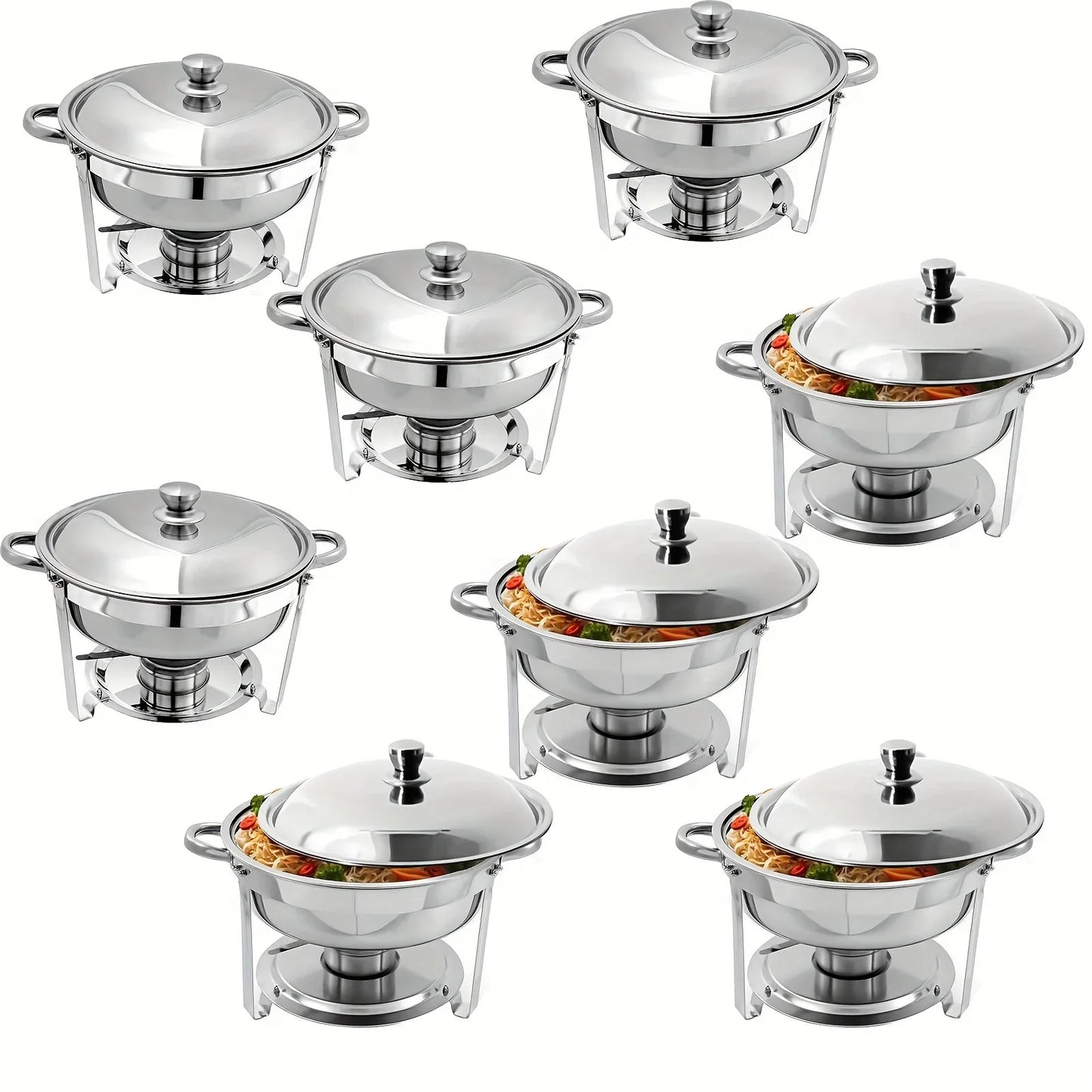 Set Da 6 Scaldavivande Rotondi In Acciaio Inossidabile 5 Litri Con Vassoi Per Cibo E Bevande Per Buffet