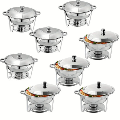 Set Da 6 Scaldavivande Rotondi In Acciaio Inossidabile 5 Litri Con Vassoi Per Cibo E Bevande Per Buffet