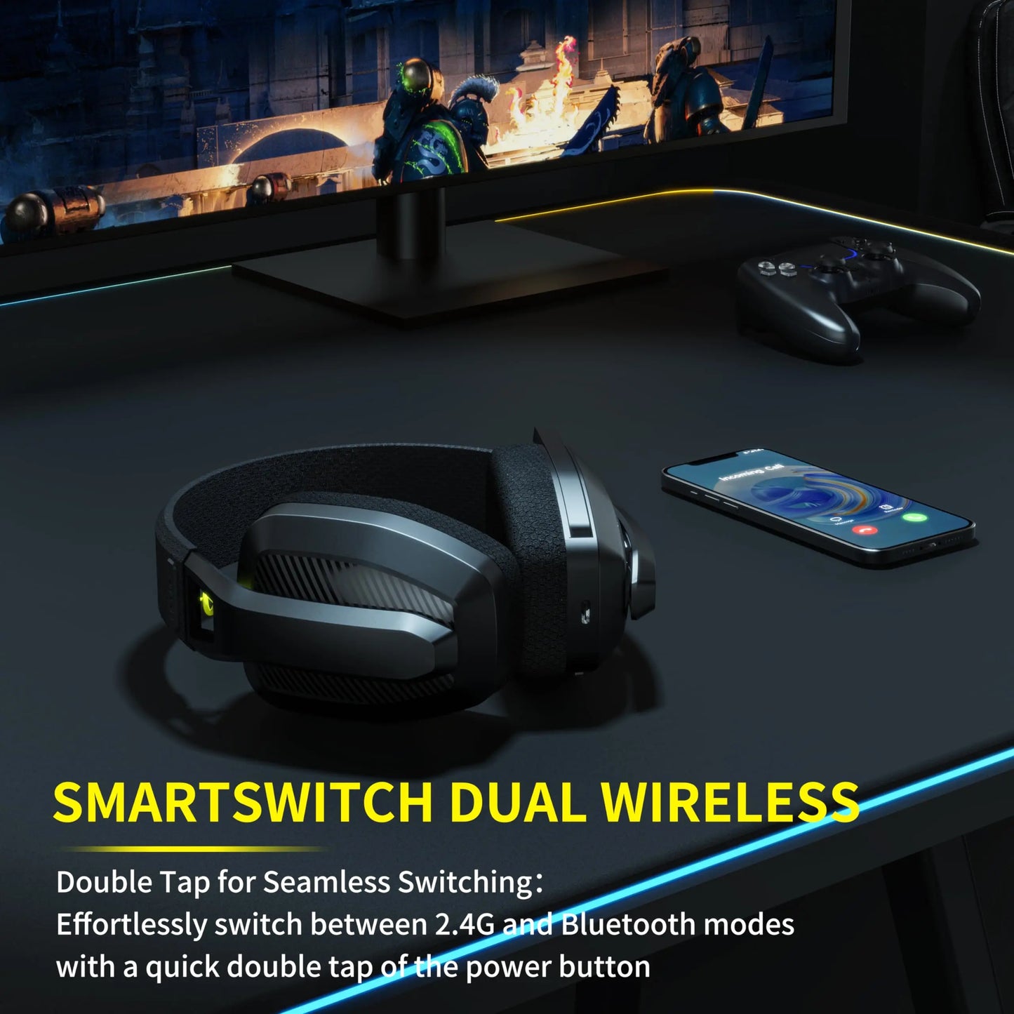 BINNUNE BW06 Cuffie da gioco wireless da 2,4 GHz con microfono per PS5 PS4 PC Mac Playstation Cuffie da gioco Bluetooth con microfono