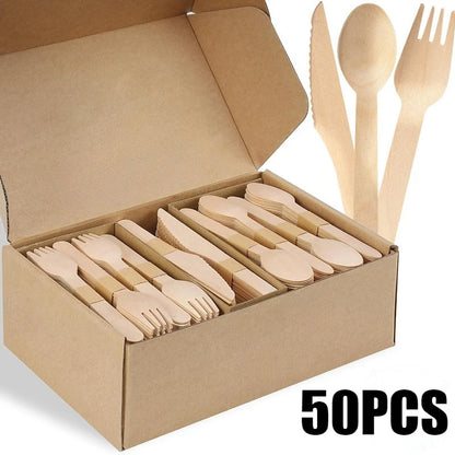 Set Posate Monouso In Legno 50 Pezzi Cucchiaio E Forchetta Per Matrimoni Compleanni Feste