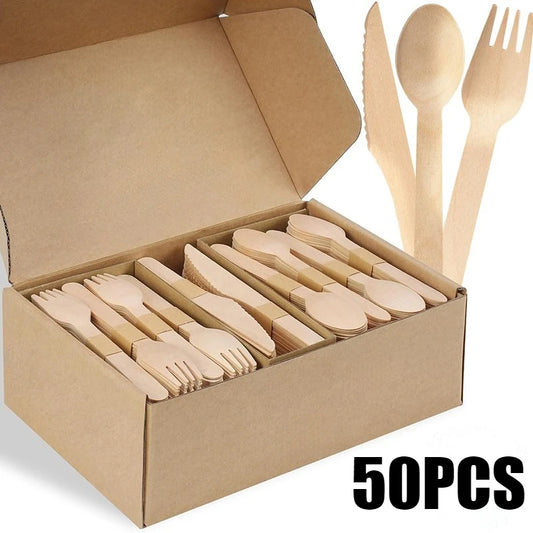 Set Posate Monouso In Legno 50 Pezzi Cucchiaio E Forchetta Per Matrimoni Compleanni Feste