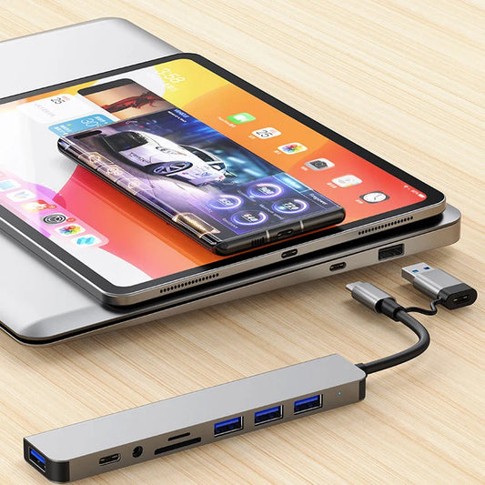 Docking station HUB USB + tipo C 8 in 2 con adattatore jack audio da 3,5 mm Lettore di schede Micro SD Convertitore disco per telefono tablet portatile