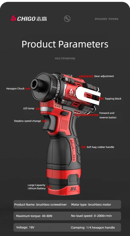 Chigo Trapano Avvitatore Brushless 18V 80 Nm Batteria Li-Ion 10 mm Cacciavite Professionale