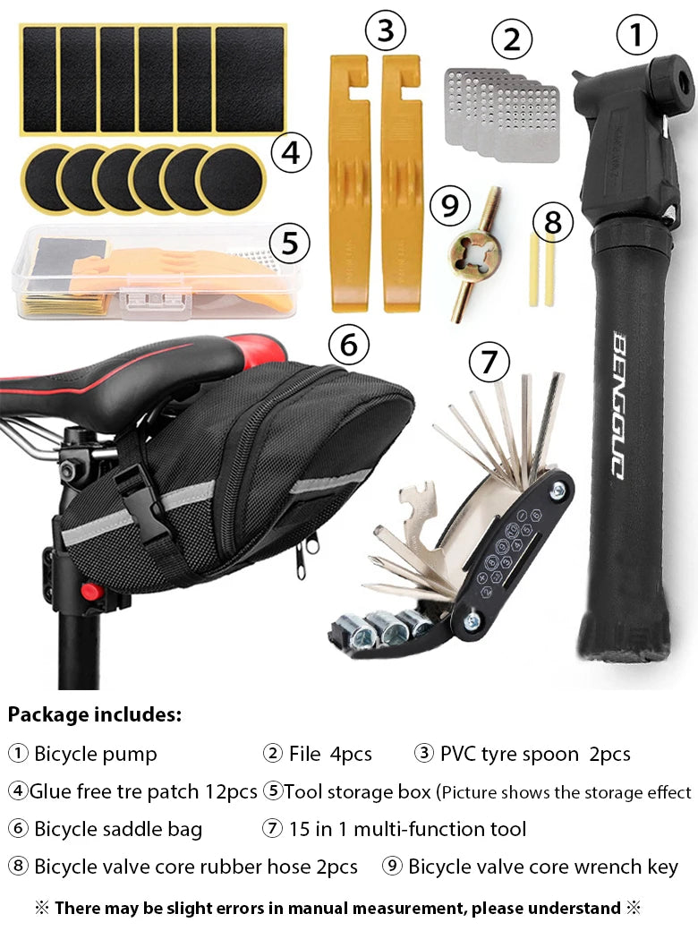 Kit di strumenti di riparazione bici portatile Kit di strumenti di riparazione biciclette Borsa da sella Pompa Patch per pneumatici Set di strumenti chiave multifunzionale Accessori