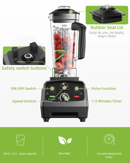 BioloMix Frullatore Potente 2200 W Con Contenitore In Tritan Da 2 L BPA Free Timer Per Frullati Di Ghiaccio