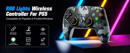 Controller per PS5 Pro/Slim/PC con RGB, Joystick Wireless per Giochi con Funzioni Marco/Turbo, Senza Drift, Effetto Hall, Tasti Posteriori Programmabili