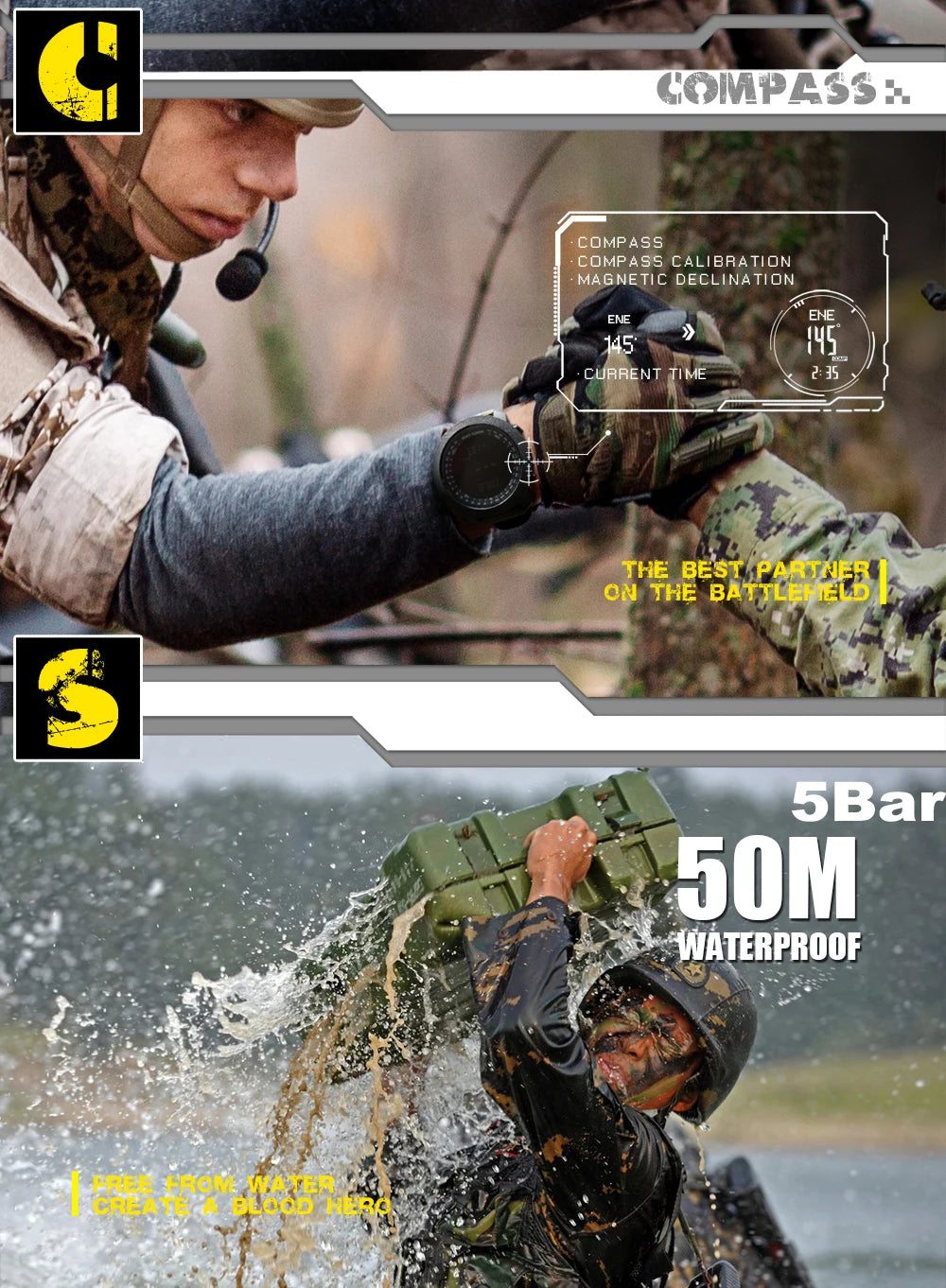 NORTH EDGE Sport da uomo Orologio digitale Ore Corsa Nuoto Esercito militare Orologi Altimetro Barometro Bussola impermeabile 50 m