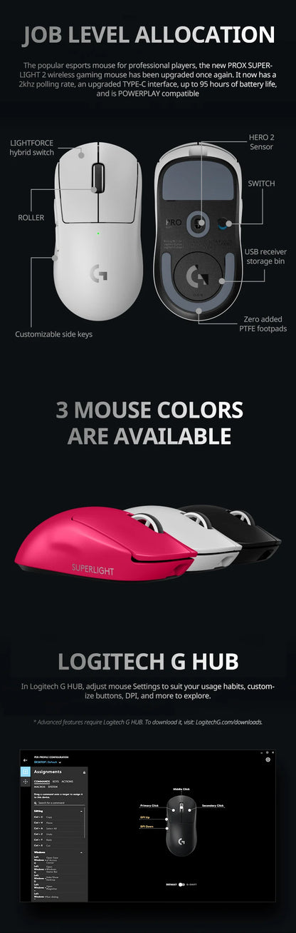 Mouse da gioco wireless Logitech G PRO X SUPERLIGHT 2, mouse di grado professionale da 60 g con 5 pulsanti programmabili, sensore DPI 44k, sostituzione 8 kHz