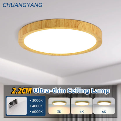 Plafoniera LED Ultra Sottile 2,2 Cm Impermeabile Con Venature Del Legno, 3 Colori Dimmerabili