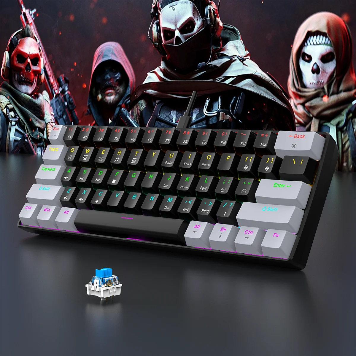 Tastiera meccanica da gioco cablata al 60% Mini layout ultra compatto retroilluminato RGB per giocatori PC/Mac e tipisti Design facile da viaggio