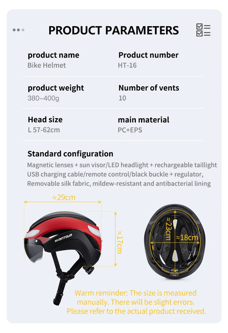Casco Da Bicicletta Horntour HT-16 Con Luci Led Frontali e Posteriori Segnali Leggero Certificato CE