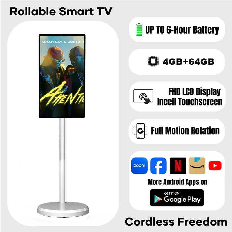 TV LED Smart Android 13 da 21,5 Pollici, 4+64GB, Bianca, Portatile con Ruote, Batteria Ricaricabile, Wi-Fi Interattivo per Palestra Professionale