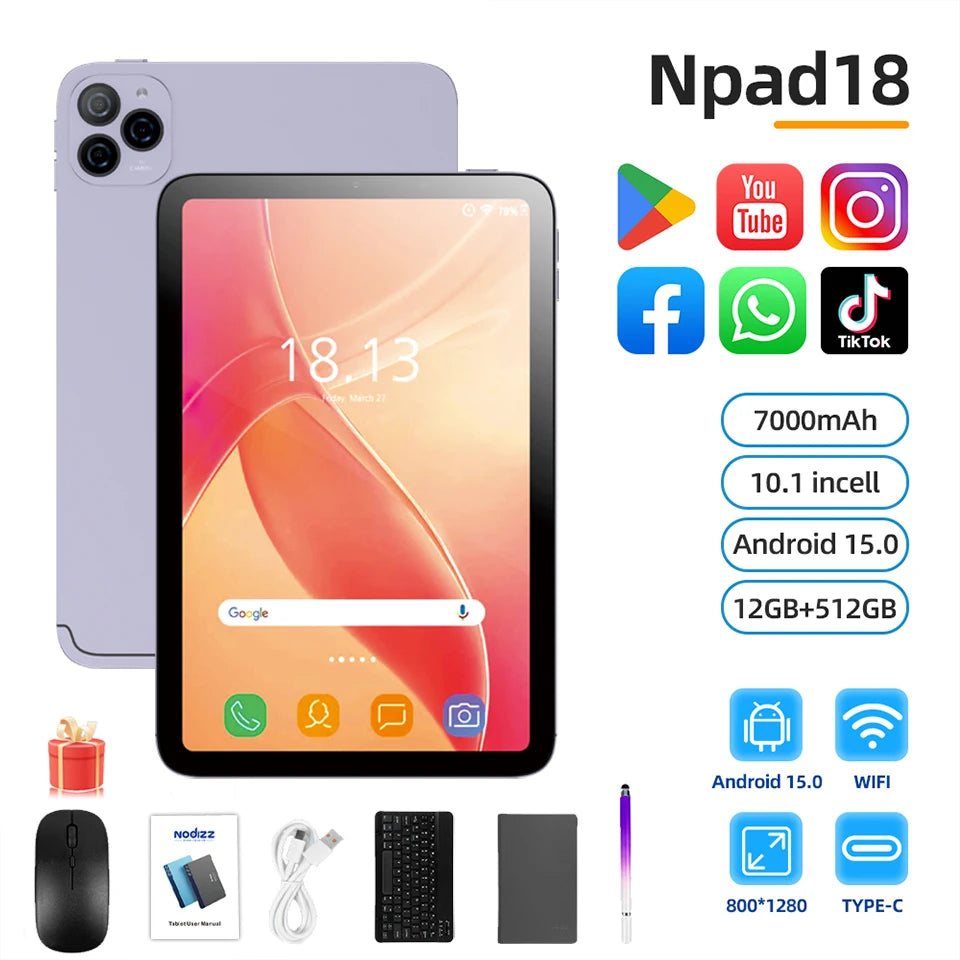 Tablet 10,1 Pollici 4G Con Chiamate RAM 12GB Memoria Interna 512GB Dual SIM Android 14 Batteria 6000mAh