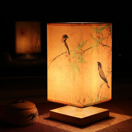 Lampada Da Tavolo In Legno Vintage Stile Cinese Con Dipinto Paesaggistico Per Decorazione Della Camera