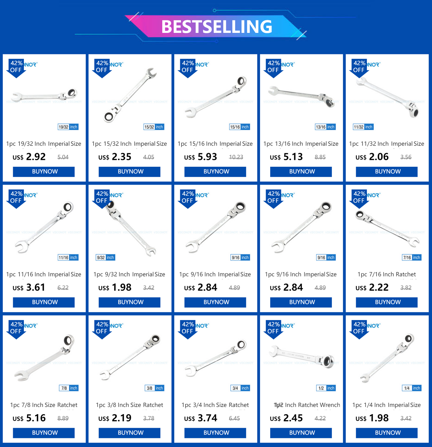 Chiave a cricchetto da 1/4-9/16 pollici di dimensioni imperiali Set di chiavi Chiave a testa flessibile Utensili manuali universali Strumento di riparazione auto