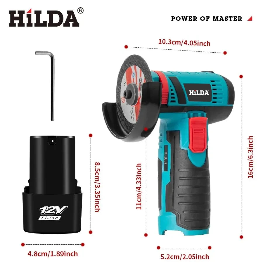 HILDA 12V Smerigliatrice angolare elettrica al litio da 3 pollici Strumento portatile compatto per riparazioni fai-da-te e domestiche Leggero con forte potenza