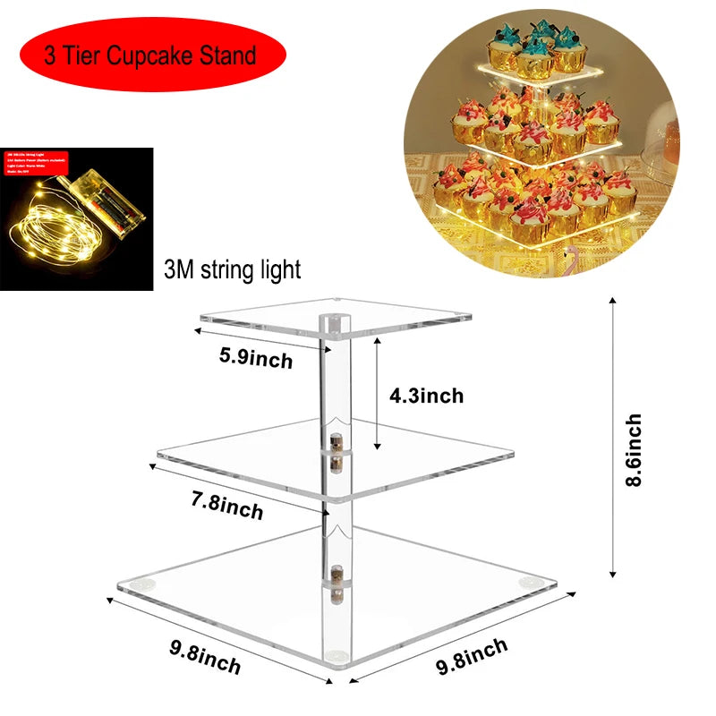 Supporto Torta Acrilico Trasparente Quadrato A Tre Livelli Con Luci a Led Per Feste e Matrimoni