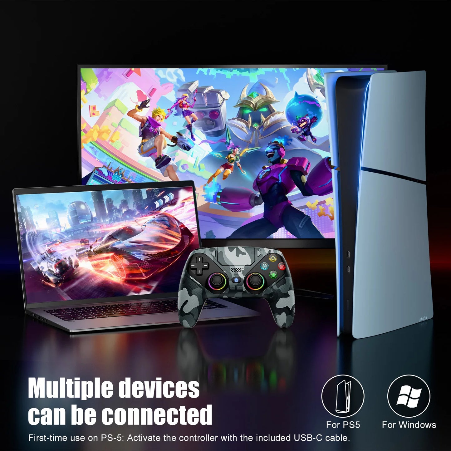 Controller per PS5 Pro/Slim/PC con RGB, Joystick Wireless per Giochi con Funzioni Marco/Turbo, Senza Drift, Effetto Hall, Tasti Posteriori Programmabili