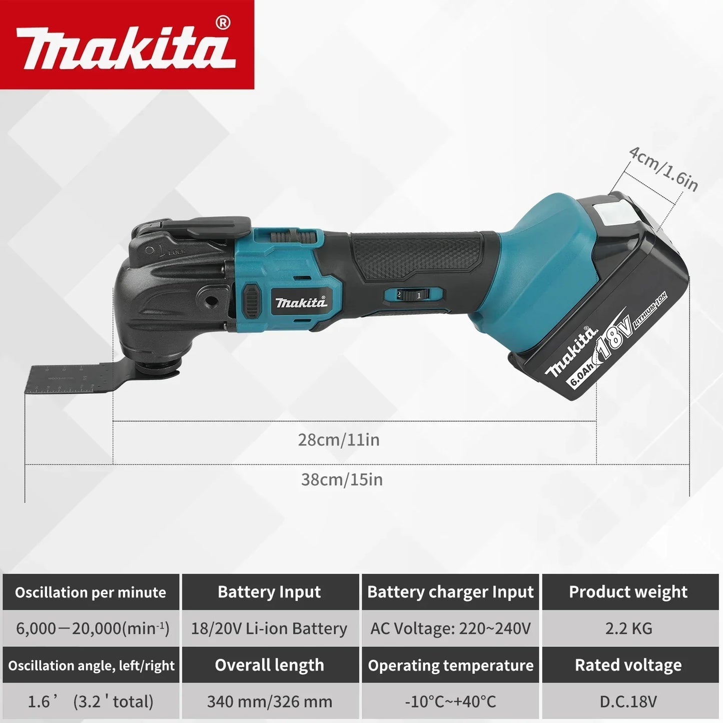 Taglierina Makita 18V Con Impostazioni A 6 Marce, Lama Regolabile Da 340 A 326 Mm, Versatile Per Tagliare E Segare