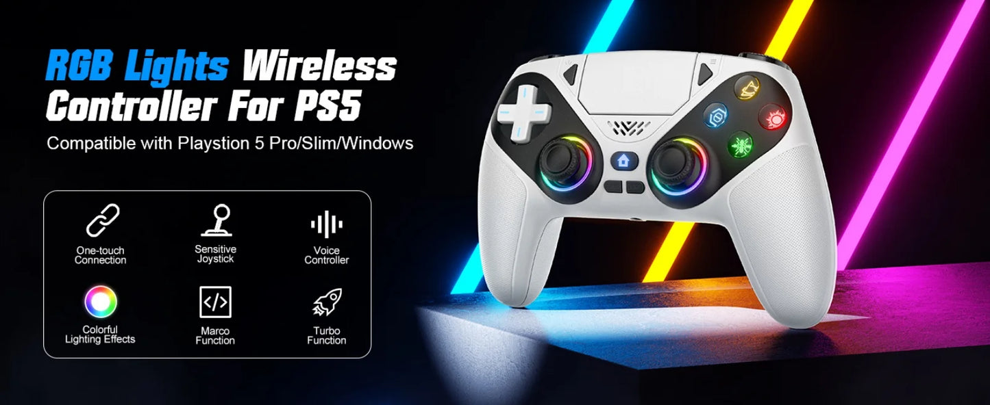 Controller per PS5 Pro/Slim/PC con RGB, Joystick Wireless per Giochi con Funzioni Marco/Turbo, Senza Drift, Effetto Hall, Tasti Posteriori Programmabili