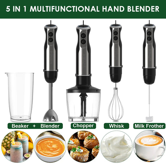 Frullatore Ad Immersione Potente 1000W 5 In 1 Con Frusta, Tritatutto, Ghiaccio E Tazza Per Smoothie