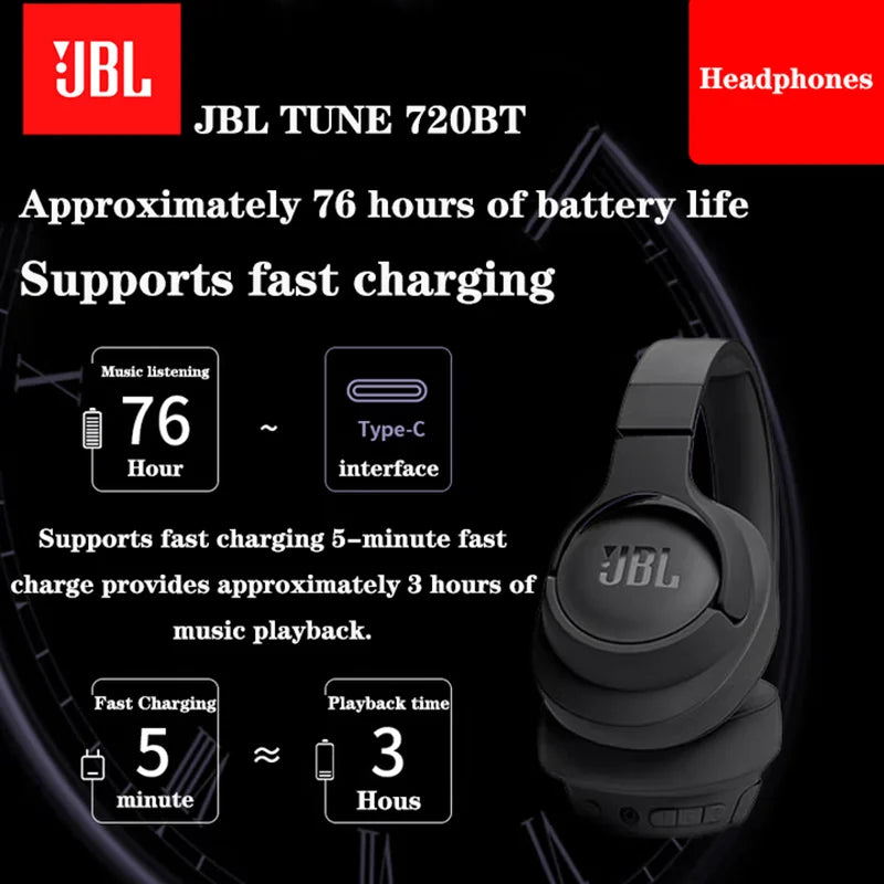 JBL TUNE 720BT Cuffie stile over-ear wireless Bluetooth originali autentiche Connessione multipunto pieghevole per musica sportiva