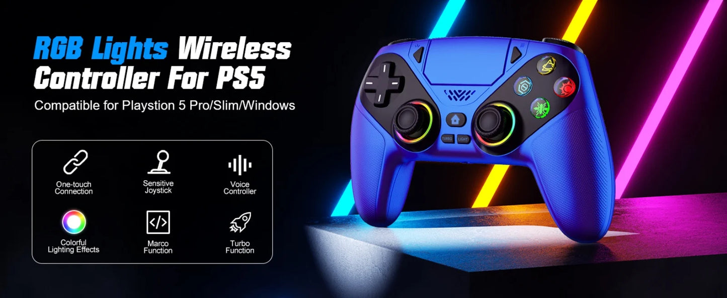 Controller per PS5 Pro/Slim/PC con RGB, Joystick Wireless per Giochi con Funzioni Marco/Turbo, Senza Drift, Effetto Hall, Tasti Posteriori Programmabili