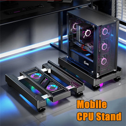 Supporto per torre per PC mobile Supporto per CPU per computer regolabile Supporto da tavolo telescopico Carrello per CPU con ventola di raffreddamento RGB Dissipazione del calore