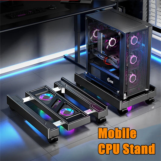 Supporto per torre per PC mobile Supporto per CPU per computer regolabile Supporto da tavolo telescopico Carrello per CPU con ventola di raffreddamento RGB Dissipazione del calore