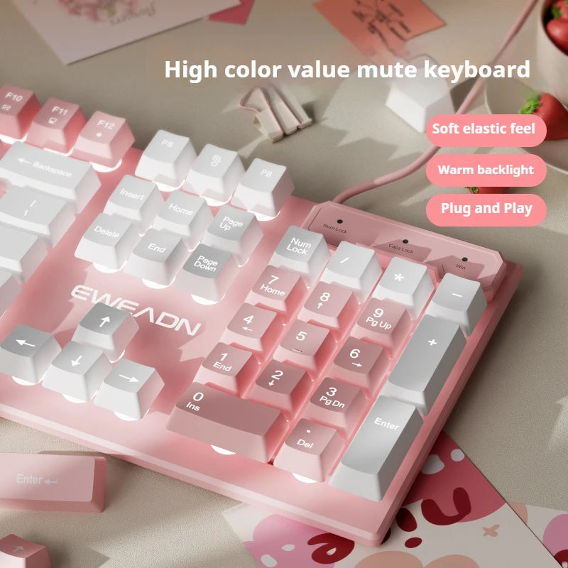 EWEADN GX320Z Tastiera da ufficio silenziosa rosa, digitazione silenziosa cablata USB per PC/laptop Windows, ufficio e giochi, ergonomica, confortevole