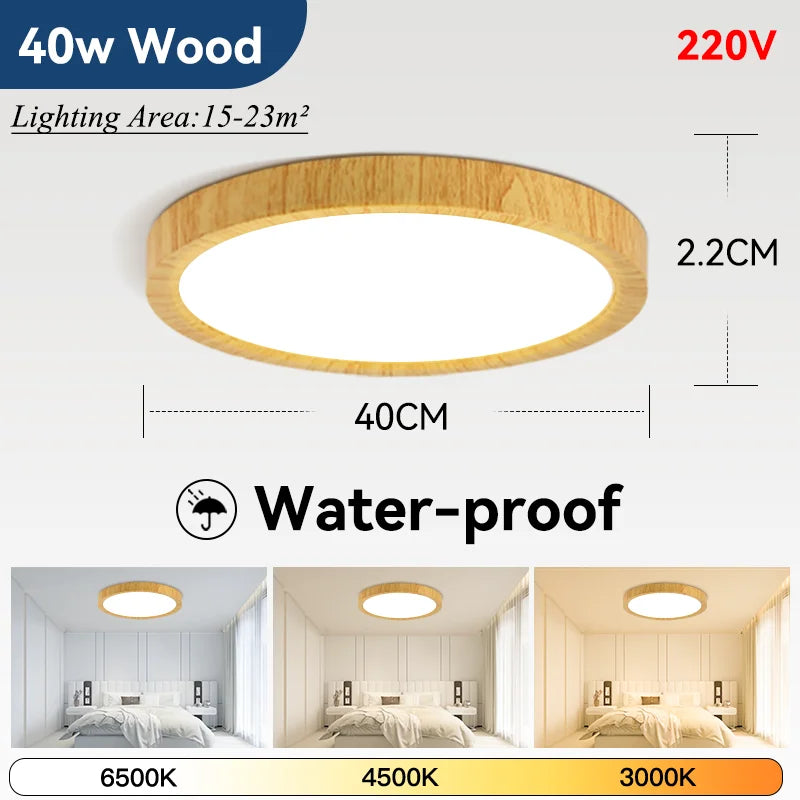 Plafoniera LED Ultra Sottile 2,2 Cm Impermeabile Con Venature Del Legno, 3 Colori Dimmerabili