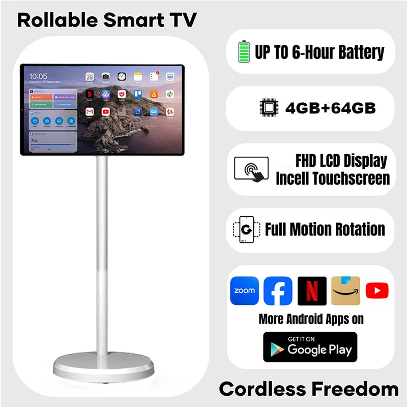 TV LED Smart Android 13 da 21,5 Pollici, 4+64GB, Bianca, Portatile con Ruote, Batteria Ricaricabile, Wi-Fi Interattivo per Palestra Professionale