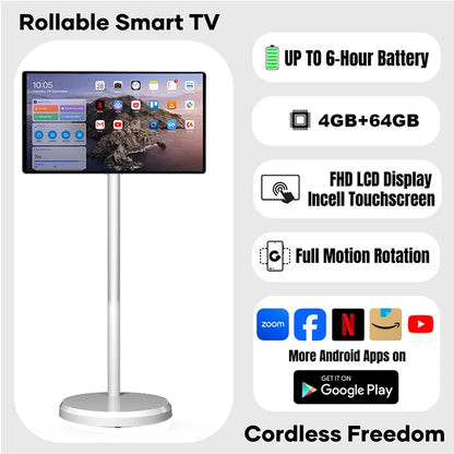 TV LED Smart Android 13 da 21,5 Pollici, 4+64GB, Bianca, Portatile con Ruote, Batteria Ricaricabile, Wi-Fi Interattivo per Palestra Professionale