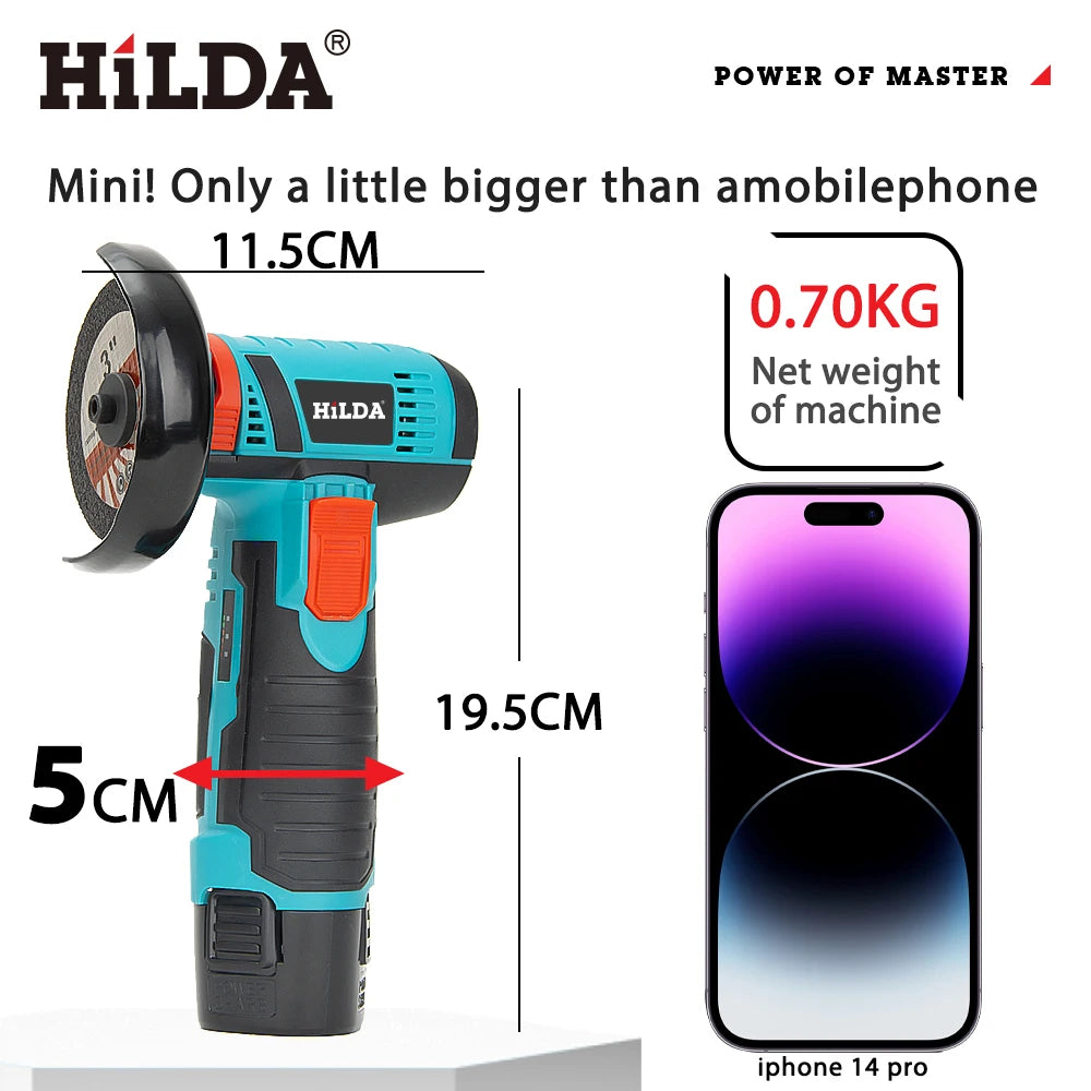 HILDA 12V Smerigliatrice angolare elettrica al litio da 3 pollici Strumento portatile compatto per riparazioni fai-da-te e domestiche Leggero con forte potenza