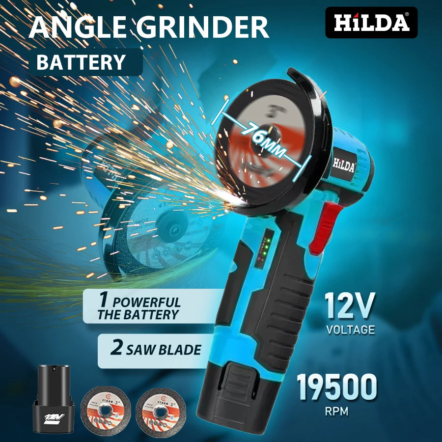 HILDA 12V Smerigliatrice angolare elettrica al litio da 3 pollici Strumento portatile compatto per riparazioni fai-da-te e domestiche Leggero con forte potenza
