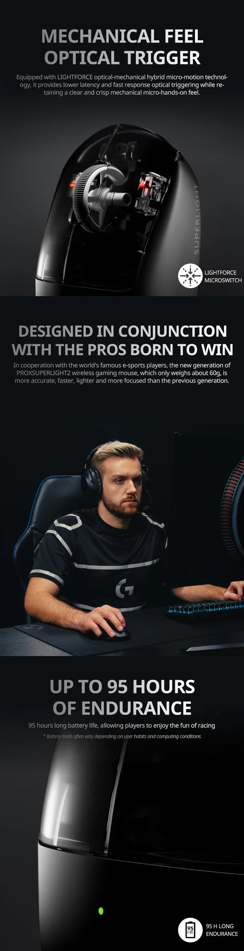 Mouse da gioco wireless Logitech G PRO X SUPERLIGHT 2, mouse di grado professionale da 60 g con 5 pulsanti programmabili, sensore DPI 44k, sostituzione 8 kHz