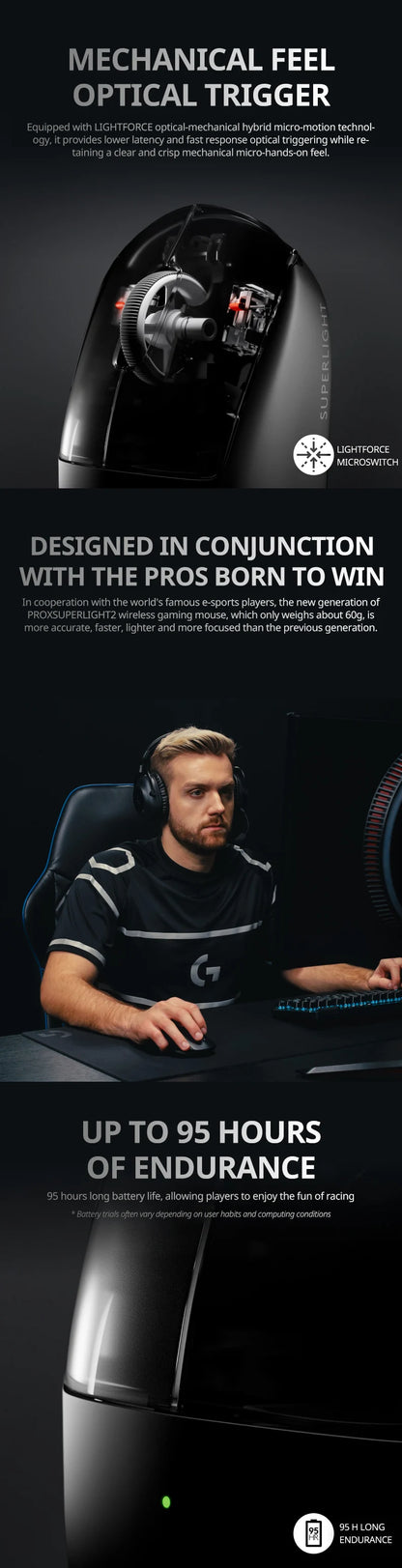 Mouse da gioco wireless Logitech G PRO X SUPERLIGHT 2, mouse di grado professionale da 60 g con 5 pulsanti programmabili, sensore DPI 44k, sostituzione 8 kHz