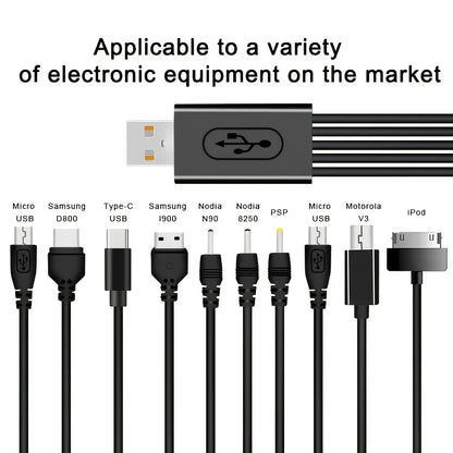 Cavo USB 10 in 1 con porte multiple, cavo di ricarica universale per telefono, cavo di ricarica per iPhone, Nokia, Sony, iPod.