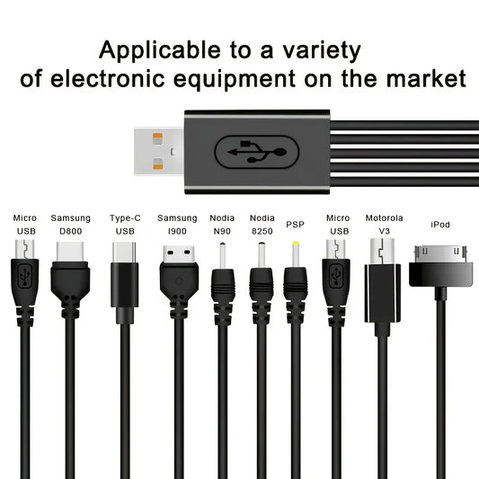 Cavo USB 10 in 1 con porte multiple, cavo di ricarica universale per telefono, cavo di ricarica per iPhone, Nokia, Sony, iPod.