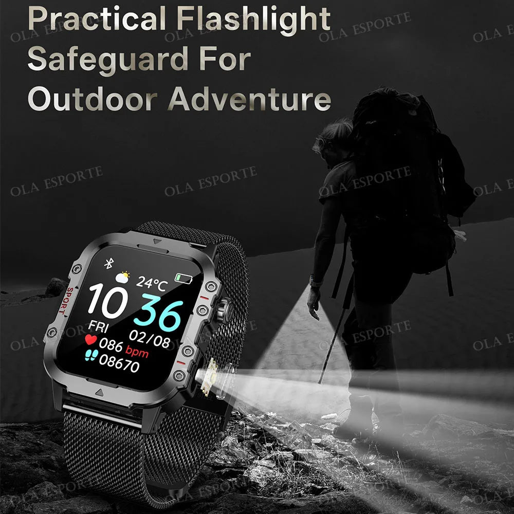 2025 Nuova Torcia Elettrica Militare Astuto Della Vigilanza Degli Uomini IP68 5ATM Sport All'aria Aperta Fitness Tracker Monitor di Salute 1.44 Pollici BT Chiamata Smartwatch