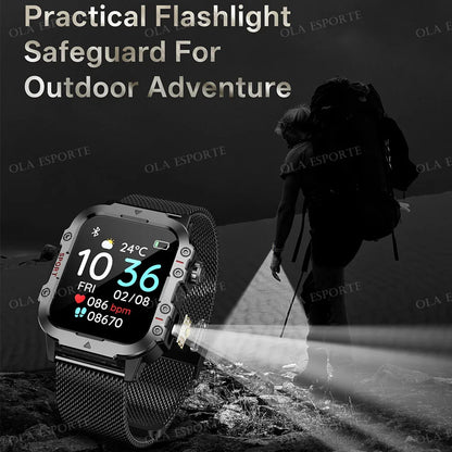 2025 Nuova Torcia Elettrica Militare Astuto Della Vigilanza Degli Uomini IP68 5ATM Sport All'aria Aperta Fitness Tracker Monitor di Salute 1.44 Pollici BT Chiamata Smartwatch