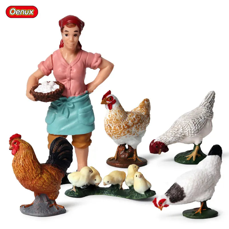 Oenux Farm House Modello Action Figures Agricoltore Moto Mucca Gallina Maiale Animali Set Figurine in miniatura PVC Simpatico giocattolo educativo per bambini